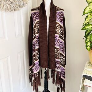 Indigo Thread Gorgeous Purple & Brown Fringe Thick Knit Cozy Cardigan Sweater XL